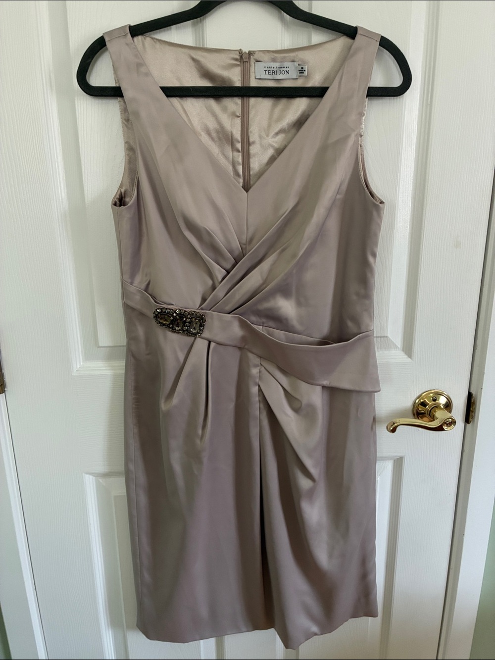 Rickie Freeman for Teri Jon Taupe Satin V-Neck Sheath Dress with Draped Front